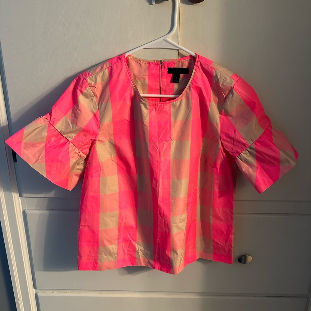 J. Crew Pink and Cream Checkered Blouse
